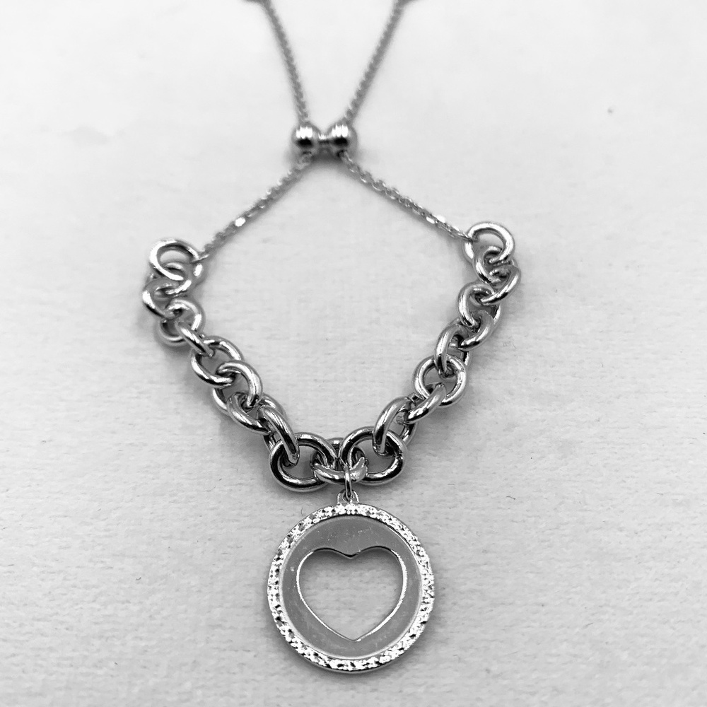 RCI Sterling Silver open heart charm boho/slide chunky link adjustable bracelet